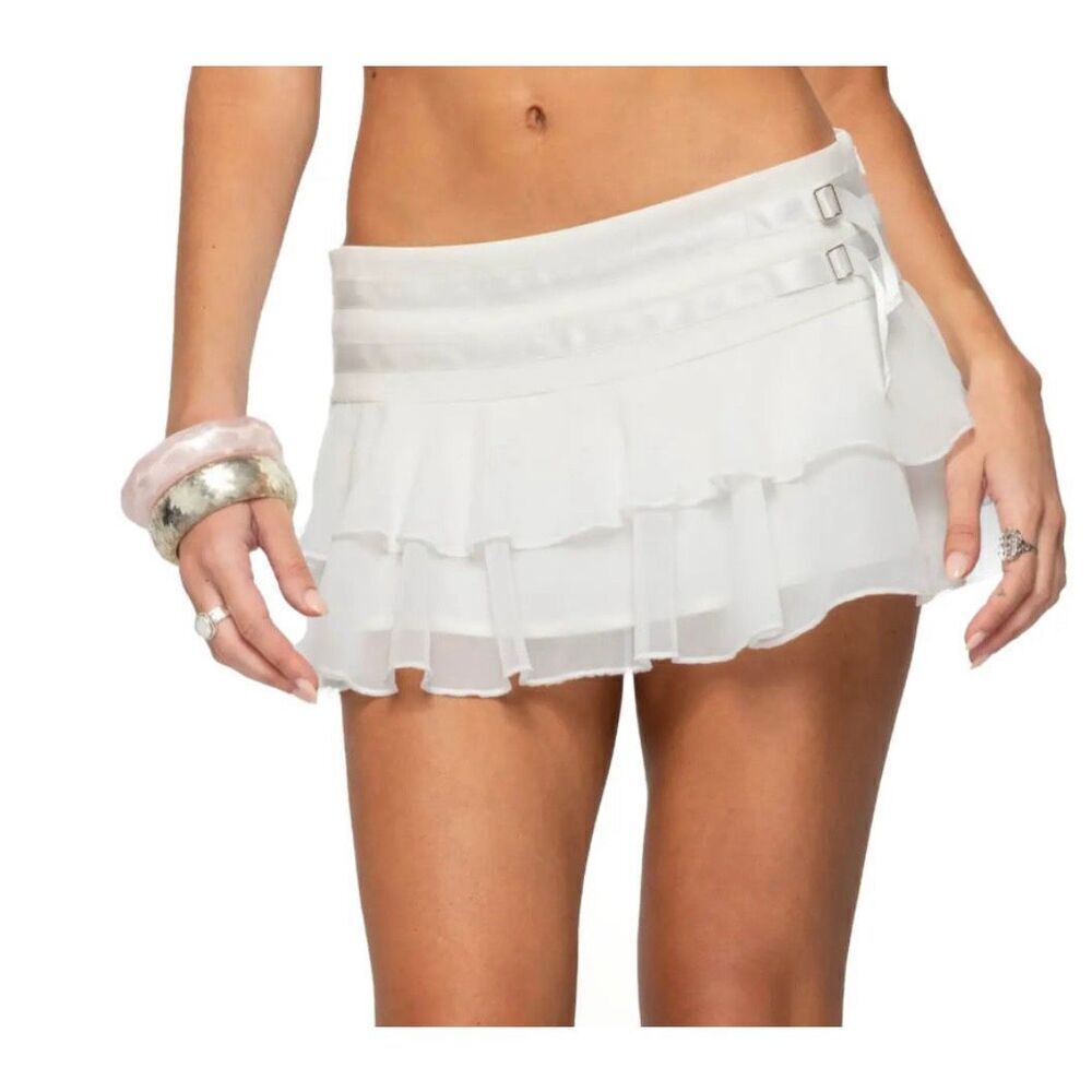 Edikted White Double Belt Tiered Chiffon Skort Size Large NWT